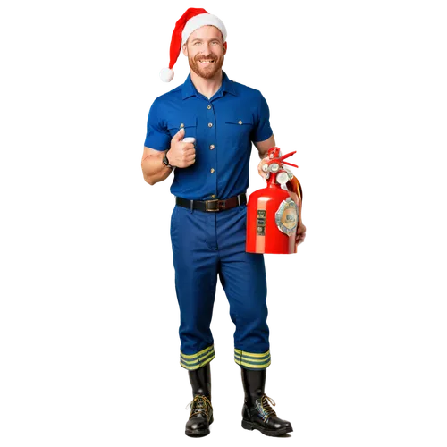 Christmas firefighter, Santa hat, red beard, mustache, blue uniform, golden badge, fire extinguisher, festive holly pattern, boots, muscular arms, holding gift, joyful smile, warm lighting, soft focus