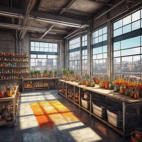 laboratories,chemical laboratory,manufactory,apothecary,greenhouse,perfumery,laboratoires,greenhouse effect,packinghouse,laboratorium,chemical plant,herbology,laboratory,reagents,distillation,laboratoire,loft,biorefineries,greenhouses,formula lab,Illustration,Paper based,Paper Based 13