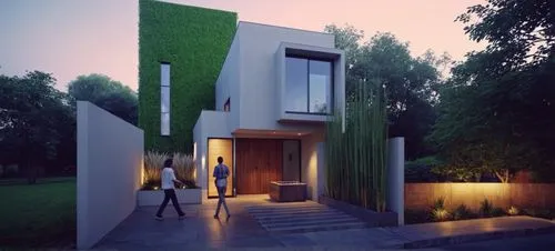 CASA ESTILO MINIMALISTA UBICADA, COMBINANDO LOS COLORES VIBRNTES DE LA ARQUITECTURA MEXICANA Y LA PIEDRA DE RECINTO,  EN UN FRACCIONAMIENTO CON VEGETACIÓN EXUBERANTE, PERSONAS,ARBOLES, PALMERAS, CORRE