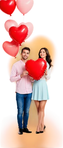 Valentine's Day, loving couple, holding hands, romantic atmosphere, soft focus, warm lighting, pastel colors, heart-shaped balloons, red roses, chocolates, cute facial expressions, gentle smiles, 3/4 