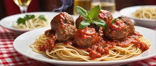 Italian restaurant, dinner scene, close-up shot, steam rising, savory aroma, juicy meatballs, fresh parsley, tangled spaghetti underneath, rich tomato sauce, warm lighting, wooden table, red-and-white