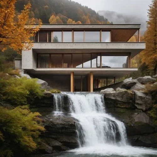 waterfall,fallingwater,house in mountains,house in the mountains,house with lake,house by the water,modern house,forest house,modern architecture,lohaus,swiss house,mid century house,beautiful home,sv