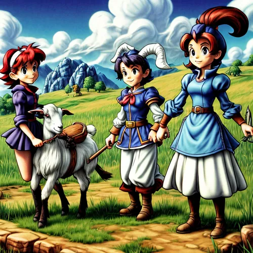 cow-goat family,dwarf sheep,adventure game,pony farm,shoun the sheep,action-adventure game,east-european shepherd,game characters,sheep knitting,childhood friends,game illustration,two sheep,farm anim