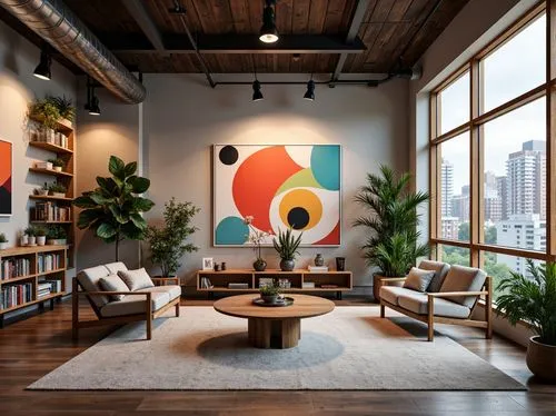 loft,modern decor,apartment lounge,living room,livingroom,contemporary decor,modern living room,mid century modern,modern minimalist lounge,interior design,airbnb icon,lofts,bookshelves,shared apartment,an apartment,modern room,great room,interior decor,the living room of a photographer,interior modern design