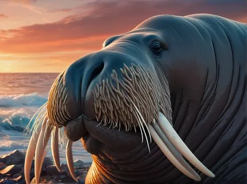 Walrus, large nose, whiskers, tusks, blubbery skin, ocean waves, beach, sunset, warm lighting, shallow water, seaweed, coral reef, rocky shore, 3/4 composition, facial close-up, soft focus, ambient li