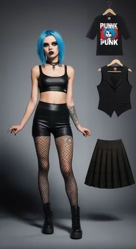 Paper doll 2d cartoon punk blue haired girl in black sleeveless shirt , black spandex shorts, complete full length fishnet and black punk knee Boots, standing surrounded by with a set of punk fashion 