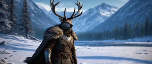 Reindeer, Skyrim, winter, snowflakes gently falling, misty mountains, frosty air, rugged fur, majestic antlers, powerful muscles, gentle eyes, Nordic-inspired armor, fur-lined cloak, intricate silver 