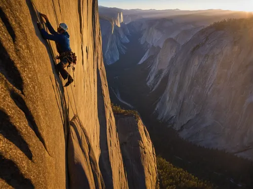 Rigger Ammon McNeely leans over a 1000m cliff at dawn on top of El Capitan for the filming of Am Limit, a Lotus Film production, about the climbing brothers Alexander and Thomas Huber and their attemp