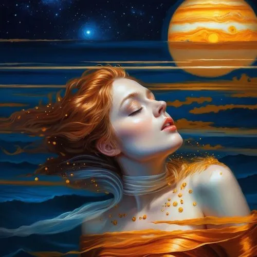 a dazzling extravagant Jupiter-inspired evening gown with swirling yellowish, orange, and brown patterns, and white bands, shimmering like the surface of (Jupiter) itself. Background: starlit sea with