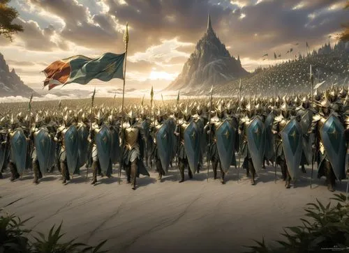 render into a photo realistic scene of the majestic armies of the elven mighty realm in golden armor and with silvered green shields in vast numbers arriving to the scene in ordered rows and ranks sho