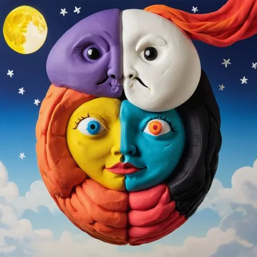 yinyang,multicolor faces,sun and moon,gondry,surrealism,pill icon,Unique,3D,Clay