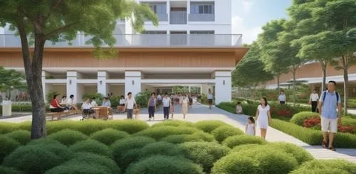 street perspective of an inclusive, inviting, shaded and serene hilly urban plaza of a nursing home integrated into a HDB estate. The plaza is universally designed, accessible for wheelchair users, an