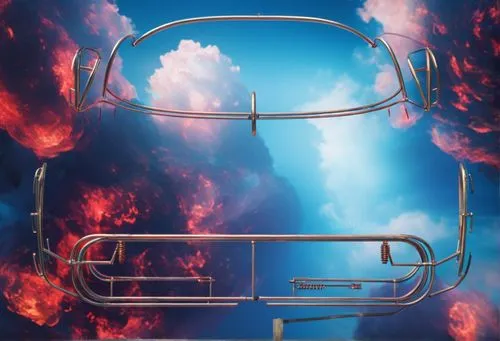 a metal bed frame against a sky filled with clouds,euphonium,euphoniums,constellation lyre,cloud shape frame,fanfare horn,mellophone,Conceptual Art,Fantasy,Fantasy 02