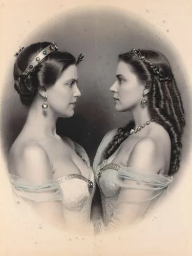 King and Queen of Württemberg as high-resolution art portrait photography in black and white,two women in identical dresses wearing tiaras,daguerreotype,daguerreotypes,nebria,vintage female portrait,m