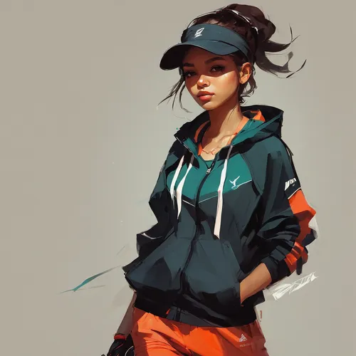 Girl in sportswear, youthful, wearing a hat，by Cory Loftis,vector girl,noodle image,windbreaker,hoodie,teal and orange,study,sports girl,sportswear,noodle,tracksuit,sports gear,mulan,girl drawing,spor