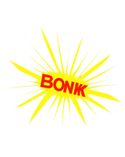 Cartoon style, comedic, exaggerated, rounded shapes, bold lines, vibrant colors, dynamic pose, action line, speed trail, "BONK" onomatopoeia, yellow impact starburst, white outline, 3D rendering, high