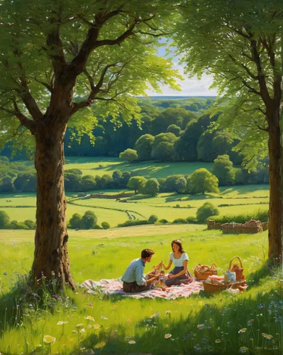 picnic,idyll,green meadow,green meadows,meadow landscape,green landscape,summer day,idyllic,green fields,girl lying on the grass,orchard meadow,summer meadow,meadows,picnic basket,orchard,english garden,green summer,cherry trees,romantic scene,girl and boy outdoor,Art,Classical Oil Painting,Classical Oil Painting 13