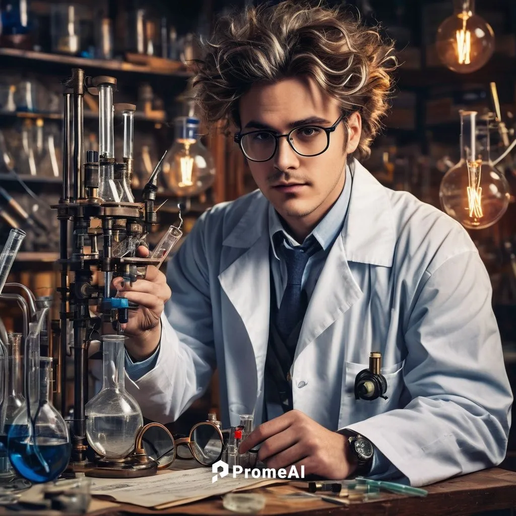 Mad scientist, messy hair, thick black-rimmed glasses, lab coat, white shirt, dark blue trousers, worn-out sneakers, holding a test tube, standing in front of a cluttered laboratory table, surrounded 