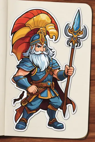 scandia gnome,wind warrior,dane axe,dwarf sundheim,dwarf,sea god,poseidon god face,norse,monsoon banner,poseidon,odin,quarterstaff,zodiac sign libra,gnome,fantasy warrior,solomon's plume,barbarian,scandia gnomes,dwarves,game illustration,Unique,Design,Sticker