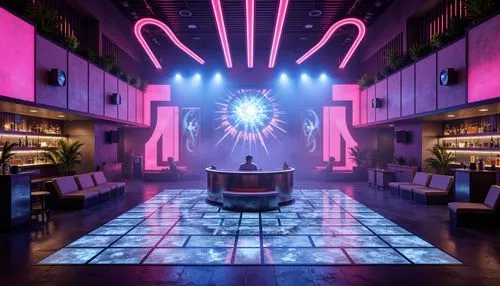 nightclub,ufo interior,dancefloor,spaceland,discotheque,dancefloors,liquor bar,art deco background,neon coffee,piano bar,nightclubs,neon cocktails,3d render,discotheques,disco,clubcorp,neon drinks,stage design,disco ball,spaceship interior