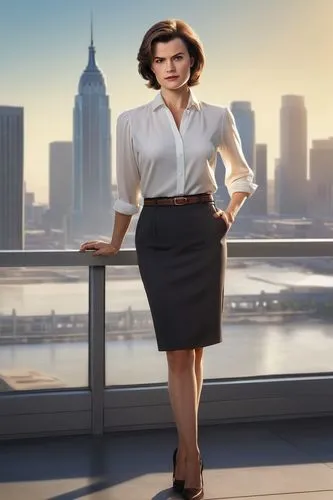 Female Steve Harrington, mature lady, 30s, short brown hair, subtle makeup, elegant business attire, white blouse, pencil skirt, high heels, confident posture, standing, office background, cityscape v