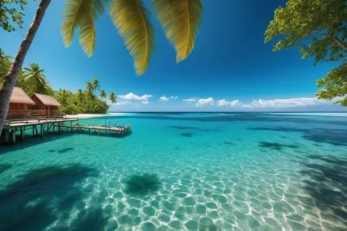 Imaginons une plage tropicale féérique. La scène se compose d'une étendue de sable blanc et fin, bordée de cocotiers luxuriants qui se balancent doucement sous la brise. L'eau est translucide, variant