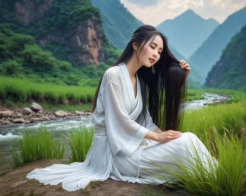 oriental longhair,vietnamese woman,china massage therapy,inner mongolian beauty,lotus position,oriental princess,asian semi-longhair,oriental girl,junshan yinzhen,asian woman,relaxed young girl,tea zen,ao dai,meditation,chinese art,landscape background,reiki,mystical portrait of a girl,meditate,traditional chinese medicine,Conceptual Art,Fantasy,Fantasy 12