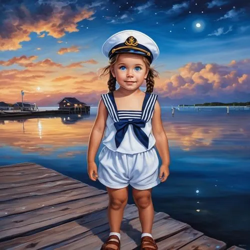 An adorable, picturesque fantasy oil painting of a little girl as a sailor, wearing top, shorts, shoes, cap, with messy brown braids. She has bright blue eyes, she is standing on a jetty, silly facial