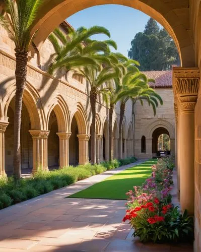 Stanford University campus, California, USA, architectural landmark, Romanesque Revival style, sandstone walls, red-tiled roofs, sprawling green lawns, palm trees lining the walkways, sunny afternoon,