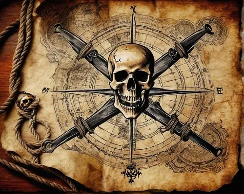 skull and crossbones,skull and cross bones,doubloons,compass rose,piratical,jolly roger,pirate treasure,ships wheel,treasure map,pirating,flintlocks,piratas,pentacle,ship's wheel,skull rowing,piracies,pirates,pirate,compass,bearing compass,Illustration,Paper based,Paper Based 02