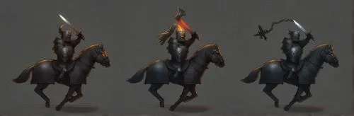 Miniature of fantasy demonic warrior soldier and Dark knight ,four images of a rider on horseback with their sword in hand,oryxes,torches,torchbearers,bronze horseman,scythes,torchbearer,ringwraiths,f