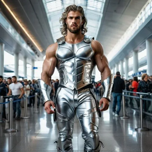 A son of Zeus as a full god, wearing silver metal pants, silver metal vest and silver metal boots, with powerful muscles, insanely handsome, in a crowded airport terminal 
,god of thunder,steel man,ad