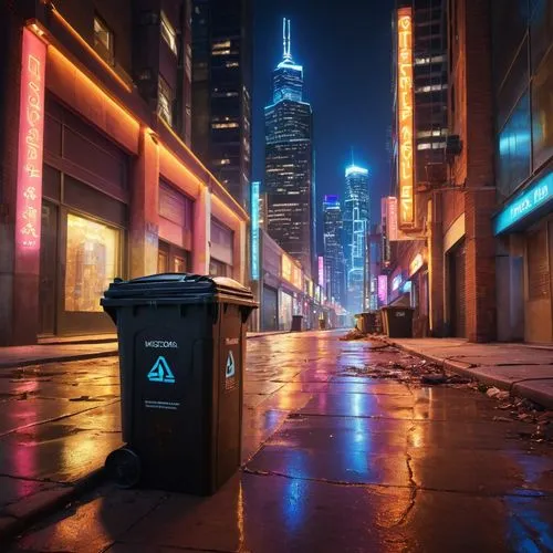 cyberpunk,city at night,waste bins,chicago night,urbanworld,night image,Photography,General,Commercial