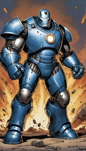 A 2D-comic portrait of Iron Monger in a dynamic combat pose. It has a helmet similar to the old Iron Man Mark 1 suit. He has his arm cannon up, ready to fire.,Iron Monger,war machine,garrison,steel ma