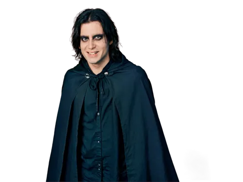 Creepy character, solo, male, sinister smile, evil eyes, pale skin, messy black hair, worn-out cloak, tattered edges, standing, eerie atmosphere, dim lighting, cinematic composition, shallow depth of 