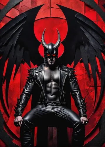 Dark fantasy demonic comics, hellish red background, ornate gothic frames, muscular demon male, sharp horns, glowing red eyes, sinister smile, black wings, ripped black leather jacket, silver studs, d