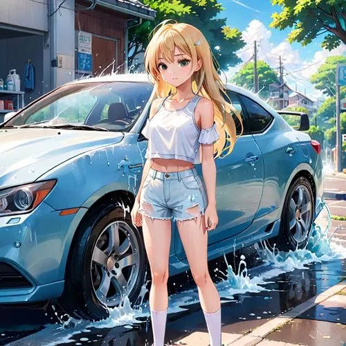 A beautiful young woman,long silky blonde hair, wearing a white tight crop top with a white denim short shorts, sprayed with water from.head to toe, while washing the car in the bright morning ? Hair,