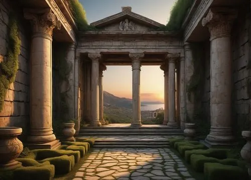 greek temple,temple of diana,artemis temple,pompeii,roman temple,mausoleum ruins,panagora,mausolea,pergamum,temple of poseidon,artena,pillars,amphipolis,necropolis,capitolium,metapontum,ancient city,pergamon,piia,pompeya,Illustration,Realistic Fantasy,Realistic Fantasy 17