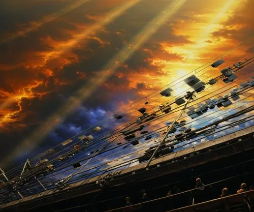 a stadium full of lights shining down on some clouds,solar field,solar farm,homeworld,solar cell base,megaships,solar power plant,Illustration,Realistic Fantasy,Realistic Fantasy 03