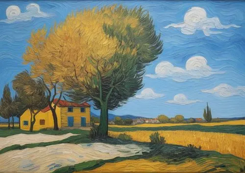 painting in the style of Vincent van Gogh,a large painting of a yellow house and trees,rural landscape,agricultural scene,korchagin,feustel,farm landscape,albertazzi,gogh,ausley,autumn landscape,mosto