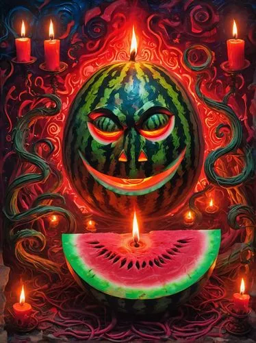 watermelon painting,watermelon wallpaper,watermelon background,neon pumpkin lantern,calabaza,watermelons,melon,cut watermelon,scarlet gourd,watermelon,muskmelon,watermelon umbrella,watermelon pattern,melonpan,gummy watermelon,jack o'lantern,watermelon slice,tiki,pumpkin lantern,dia de los muertos,Conceptual Art,Oil color,Oil Color 23