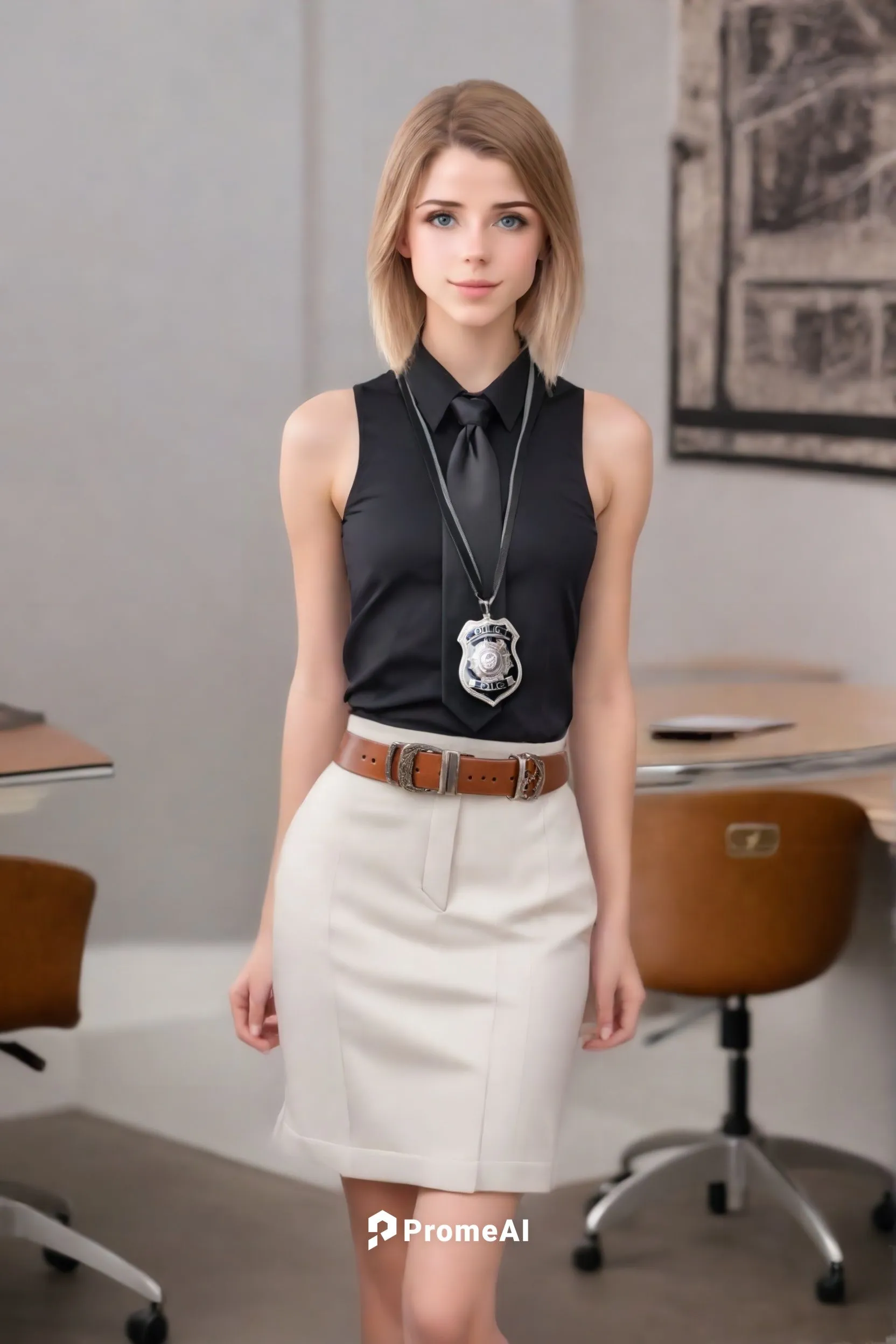 improve straight silver edge of black and silver enameled police badge,blur office background,jennette,office worker,secretarial,business woman,business girl,businesswoman,secretary,secretaria,school 