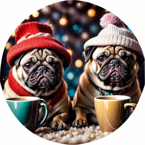 two pug dogs wearing winter outfits sitting in front of a cup,christmas icons,christmas glitter icons,pugs,coffee background,cafepress,christmas animals