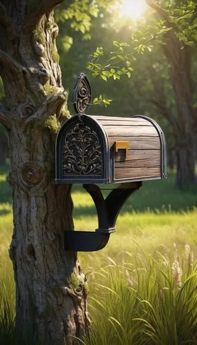 Rustic wooden mailbox, ornate metal mountings, distressed finish, rural setting, old oak tree, overgrown grass, sunny afternoon, soft shadows, warm lighting, cinematic composition, 3/4 view, beautiful