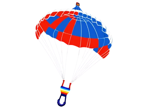 PNG image, vibrant colorful parachute, half-opened, curved shape, bright blue and red stripes, white strings, metallic carabiner, slow descent, gentle wind, soft sunlight, 3/4 composition, shallow dep