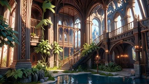 an image of a large courtyard with a lot of plants,theed,labyrinthian,atriums,ornate room,dandelion hall,conservatory,Anime,Anime,General