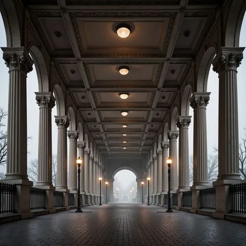 Elegant pedestrian bridge, neoclassical arches, ornate balustrades, intricately carved stonework, grandiose columns, symmetrical composition, rusticated piers, refined metal railings, subtle street li