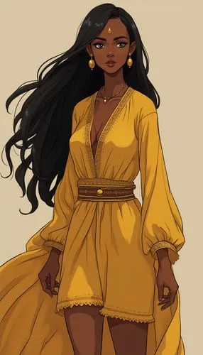 Draw in anime style: A Somali Amazon with long hair is wearing short gold robes ,a cartoon of a woman with black hair and wearing a yellow dress,tiana,oshun,azilah,ororo,esmeralda,kunbi,niobe,jasmine,