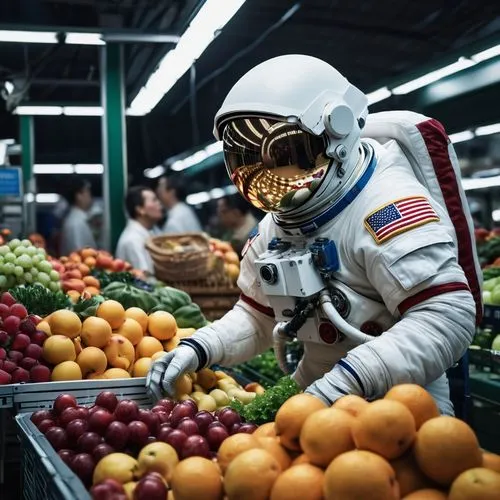 greengrocer,astronaut helmet,fruit market,astronaut suit,vendor,fresh produce,cosmonaut,produce,grocer,fresh fruits,market,supermarket,astronaut,fresh fruit,bangkok,namdaemun market,woman eating apple,spacesuit,space suit,grocery,Photography,General,Realistic