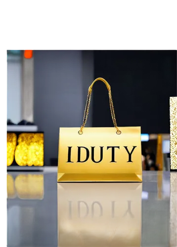 Duty-free sign, golden font, bold letters, shopping bag, luxury goods, airport setting, bright lights, 3/4 composition, shallow depth of field, high contrast, vibrant color tone, realistic texture, me